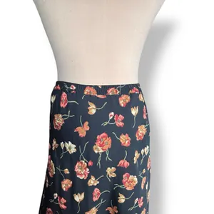Vintage‎ 90s Halston Black Red Dark Floral Maxi Skirt Side Button Size 12 Fall thumbnail 3