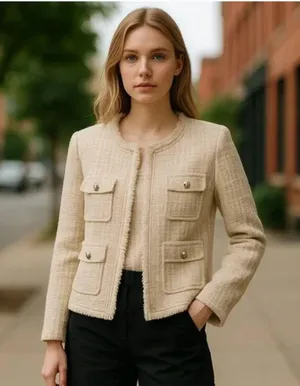 NWT NANETTE nanette lepore Pearl Button Tweed Jacket Large Oatmeal thumbnail 1