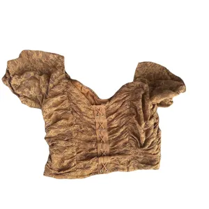 Meraki Brown Boho Lace Up Puff Sleeve Crop Peasant Top Sz L Festival Cottagecore thumbnail 8