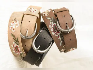 Embroidered Floral Brown Vegan Leather Belt thumbnail 4