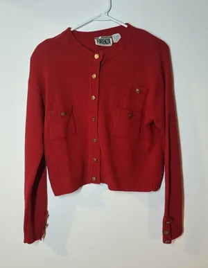 vintage Forenza red knit cardigan crew neck gold-tone buttons Lambswool Stain M thumbnail 1