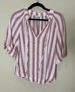 Rails Red Pink Linen Stripe Short Sleeve Blouse Top Size XS thumbnail 1