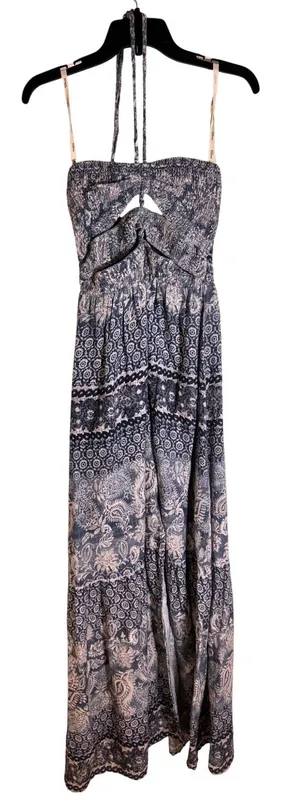 Shore Brand Blue Paisley Cotton Halter Maxi Dress Smocked Cutout Shell Tassels M thumbnail 1