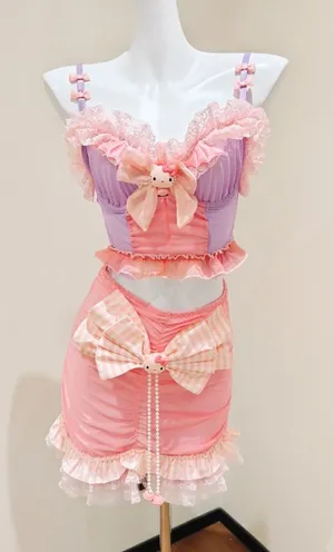 Pink Purple Two-piece Outfit Lace Ruffle thumbnail 1
