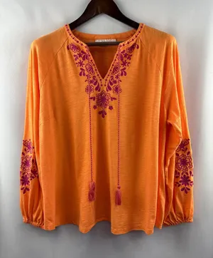 Women’s Belle Boho Kim Gravel XL Bright Orange Embroidered Blouse thumbnail 1