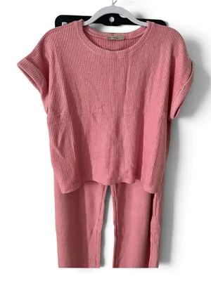 Zenana Waffle Knit Short-Sleeve pant Set in Dusty Rose size Large thumbnail 2