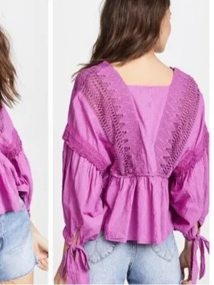 Free People Drive You Mad Neon Orchid Large Peasant Swiss Dot Purple Tie Sleeve thumbnail 2