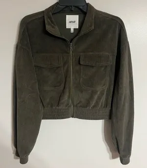 Aerie Green Ribbed Corduroy Zip Up Women's Cropped‎ Jacket Size Medium thumbnail 1