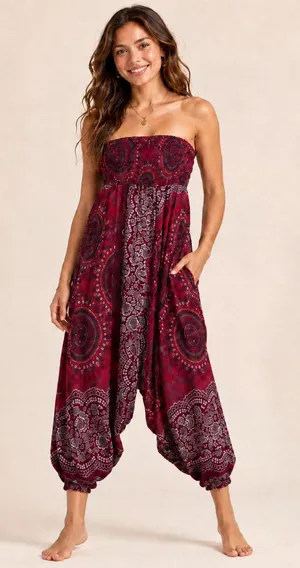 Bohemian Red Patterned Strapless Jumpsuit Small thumbnail 1