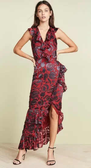 SALONI Anita Silk Burnout Velvet Dress Slit Ruffle Midi Vampire Goth Witchy Red thumbnail 1