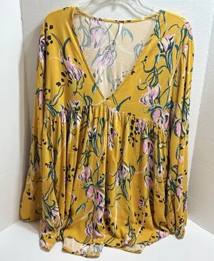 Free People Bella Floral Babydoll Blouse Large Yellow Boho Bell Sleeve Festival thumbnail 1
