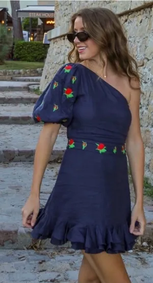 FANM MON Navy Linen Mini Dress with Floral Embroidery | XS thumbnail 1