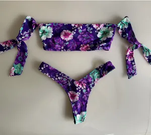 Victoria's Secret Purple Floral Print Thong and Off Shoulder Bikini Set thumbnail 1