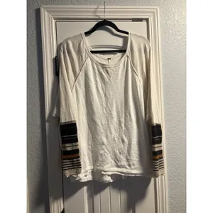 Free People Knit Top Medium‎ Cream Raw Hem Boho Striped Sleeve Relaxed Fit thumbnail 2