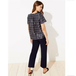 LOFT -289 Plaid Short‎ Sleeve Ruffle Shimmer Blouse Top Black Tan White Small thumbnail 5