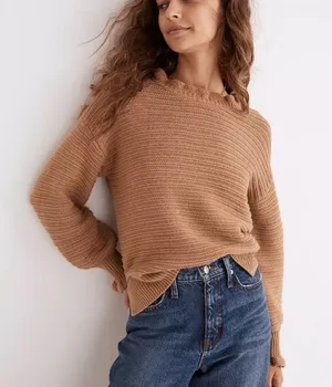 Madewell Merino Wool Blend Textured Knit Ruffle Sweater Camel Brown Size S thumbnail 1