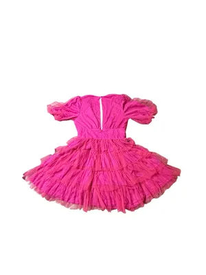 Lulus Dramatic Poise Hot Pink Dot Tulle Tiered Puff Sleeve Mini Dress M thumbnail 3