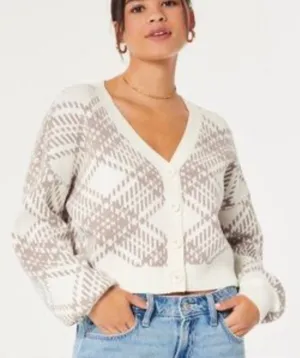 Hollister XS Cream Diamond Pattern Cropped Cardigan VNeck Button Front Knit Cozy thumbnail 1