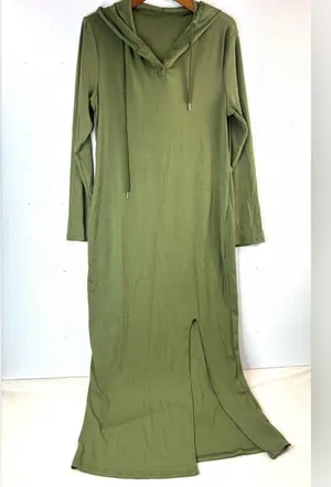 SHEIN Curve 2X Ribbed Long Sleeved Hoodie Maxi Dress in Olive thumbnail 9