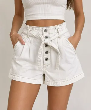 Abercrombie & Fitch Size 4 27 White Denim Paperbag Belted Shorts thumbnail 1