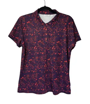 Lady Hagen Women's Medium‎ Floral Golf Polo Shirt Striped Navy Red thumbnail 1