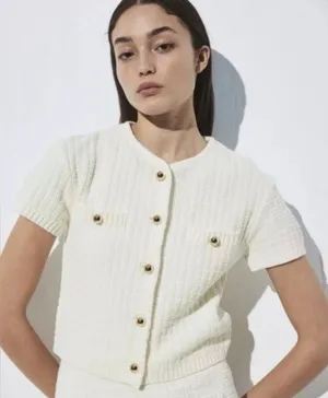 H&M Cream Textured Short-Sleeve Knit Cardigan with Gold Buttons – Size M 🤍 thumbnail 1