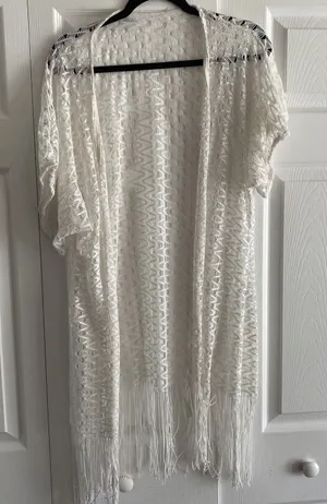 Alexa & Stella Open Front Fringe Kimono Cardigan Womens Size S White Lace Boho thumbnail 1