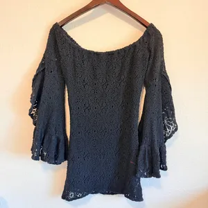 JEN'S PIRATE BOOTY Free People "Bardot" black lace off shoulder mini dress Sz M thumbnail 8