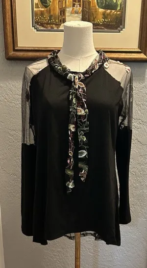 DUO DUO HI/LOW Sheer EMBROIDERED Top LG Tie Front Open Back Coquette Girly Goth thumbnail 1