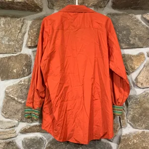 Y2K Early 2000s Orange Bugatchi Long Sleeve Button Down Top w/ Green Striped Accents thumbnail 4