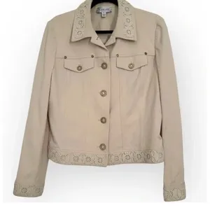 St. John Sport Ivory Stretch Cotton Jean/Denim Embroidered Jacket sz‎ S thumbnail 1