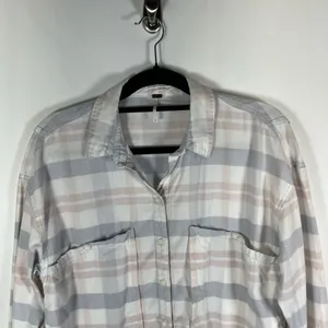 Free People LoveLand Pastel Plaid Button Down‎ Frayed Hem Boho Shirt Small thumbnail 2