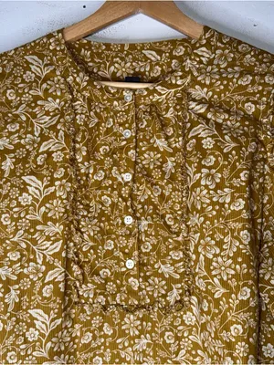 J CREW‎ Yellow Floral Puff-Sleeve Ruffle Peasant Blouse Medium AE263 thumbnail 3