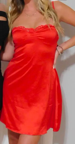 Amazon Red Satin Lace Dress thumbnail 1