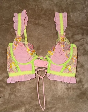 Exclusive For Love & Lemons & Victoria's Secret. Pink bra with yellow & orange floral embroidery and green trim #lingerie #floral thumbnail 1