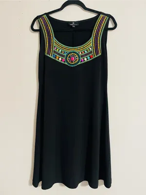 Vintage 90’s Ronni Nicole Black Boho Chic Sleeveless Mini Dress Beaded Neck Sz 8 thumbnail 2