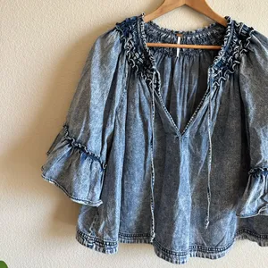 Free People Washed Denim Smocked Top thumbnail 4