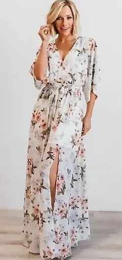 Baltic Born Kia Floral Kimono Maxi Dress LARGE White Pink‎ Bohemian Feminine thumbnail 1