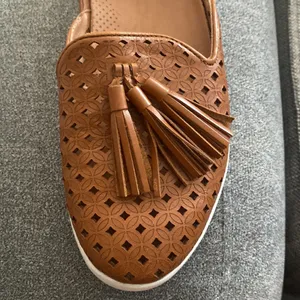 Caramel Brown Latticed Leather Tassel Loafers Flats US 5 thumbnail 4
