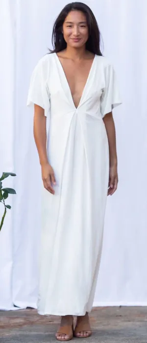 Ten Tomorrow Ivory Kori Pleated Maxi Dress Deep V Neck XS Coastal Minimalist thumbnail 1