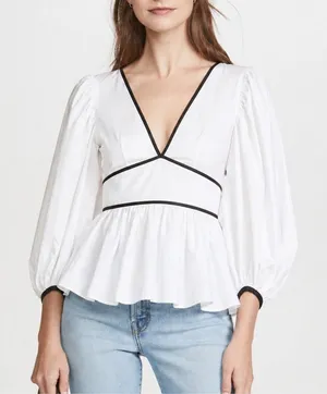 Staud | NWT Luna Contrast Peplum‎ V-Neck Open Back Top in White & Black thumbnail 1