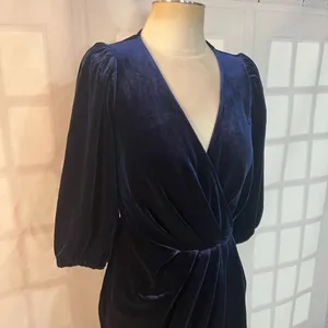Lucy Paris Blue Velvet Puff Sleeve Surplice Neck Pleated True Wrap Dress Size XS thumbnail 3