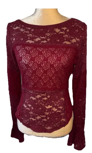 NWT Free People Burgundy Lace Long Sleeve Top M thumbnail 3