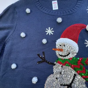 Holiday Time Snowman Sequin Ugly Christmas Sweater Womens 2X 20 Navy‎ White Poms thumbnail 5