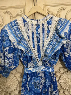 FARM Rio Full of Flowers Blue Floral Lace Jumpsuit Small Flaw Vacay Boho S-S thumbnail 14
