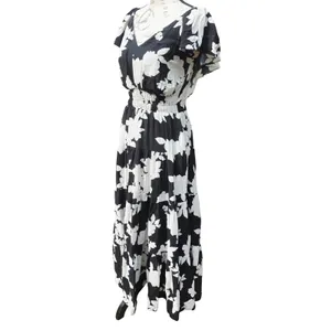 Rachel Zoe Black White Floral Smocked Waist Tiered Maxi Dress Short Sleeve Small thumbnail 3