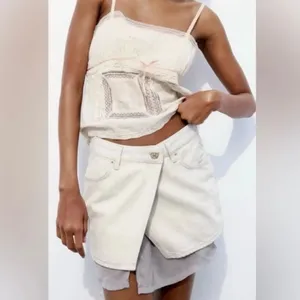 Zara grey denim mini skirt layered crossover design with a contrasting gray Y2K thumbnail 7
