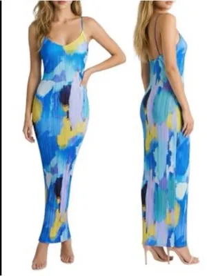 PRETTYLITTLETHING NWT Blue Abstract Print Plisse Low Back Dress Size 12 thumbnail 2