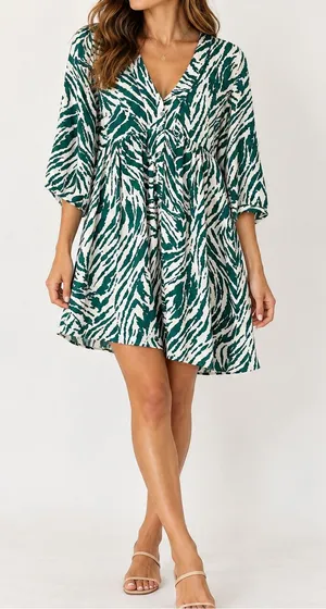 BA&SH Zebra Print Green Cream V-Neck Flowy Boho Mini Dress thumbnail 1