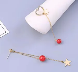 Crystal Heart Star Tassels Stud Drop Dangle Earring Gold thumbnail 3